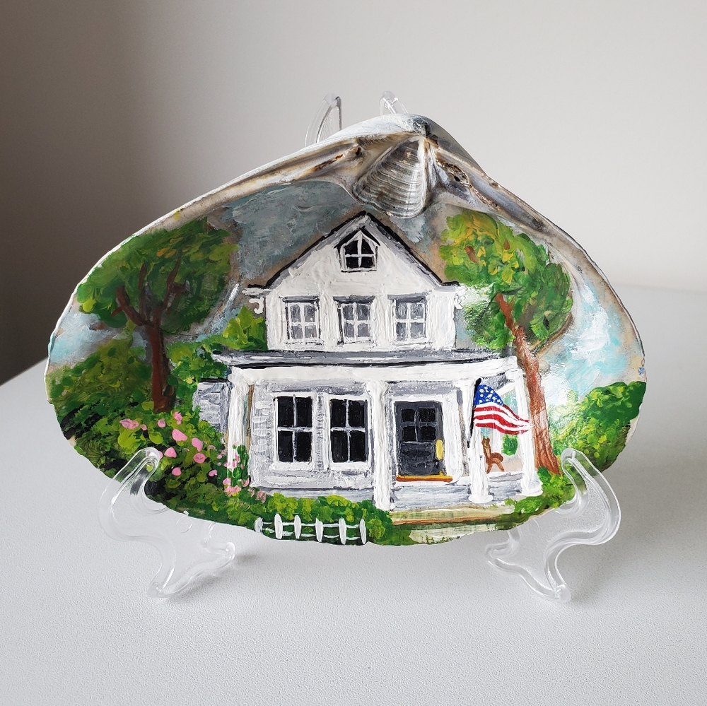 Original American House Portrait Hand-Painted Cottagecore 4.6" Seashell